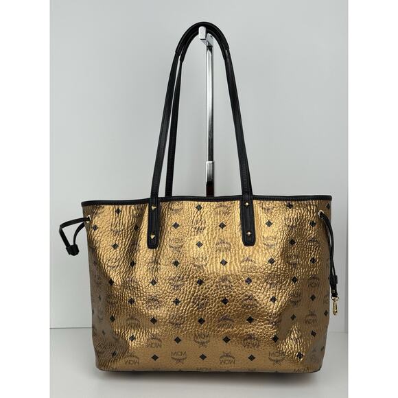 MCM Metallic Visetos Medium Shopper Tote Bag Gold Leather - Picture 7 of 16